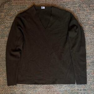 Greenish brown v neck sweater with a